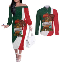 iViva Mexico Hidalgos Bell Personalized Couples Matching Off The Shoulder Long Sleeve Dress and Long Sleeve Button Shirt Mexican Independence Day Fiesta - Wonder Print Shop