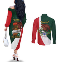 iViva Mexico Hidalgos Bell Personalized Couples Matching Off The Shoulder Long Sleeve Dress and Long Sleeve Button Shirt Mexican Independence Day Fiesta - Wonder Print Shop