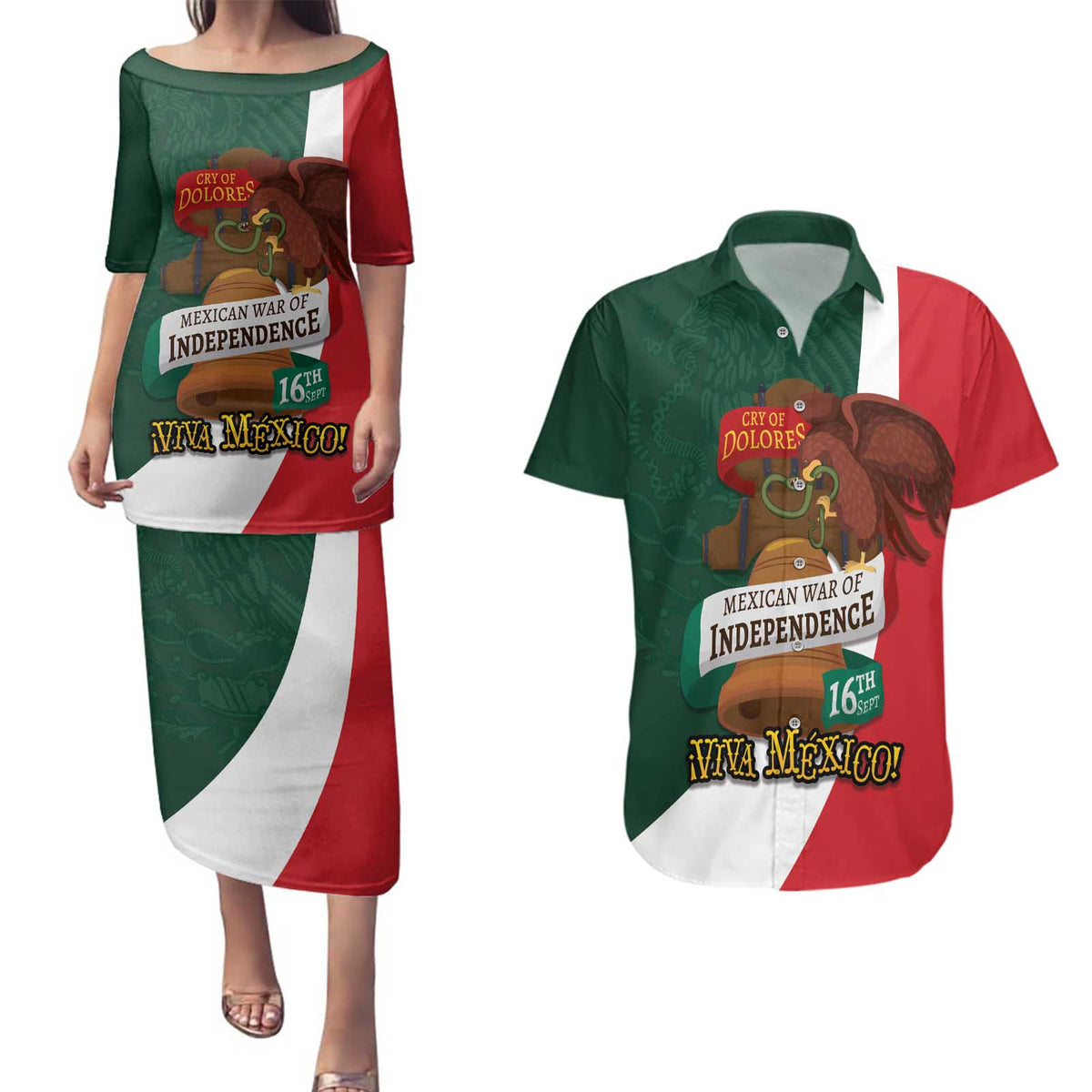 iViva Mexico Hidalgos Bell Personalized Couples Matching Puletasi and Hawaiian Shirt Mexican Independence Day Fiesta - Wonder Print Shop