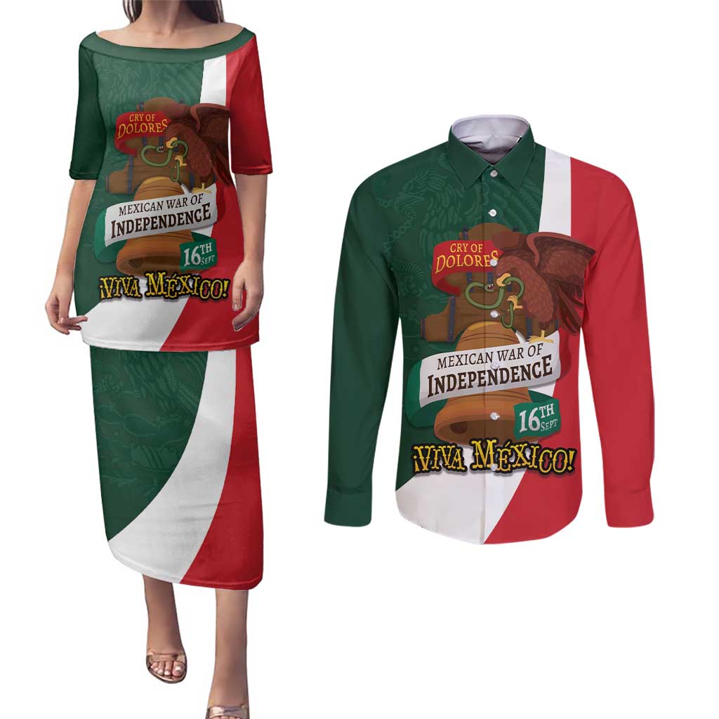 iViva Mexico Hidalgos Bell Personalized Couples Matching Puletasi and Long Sleeve Button Shirt Mexican Independence Day Fiesta - Wonder Print Shop