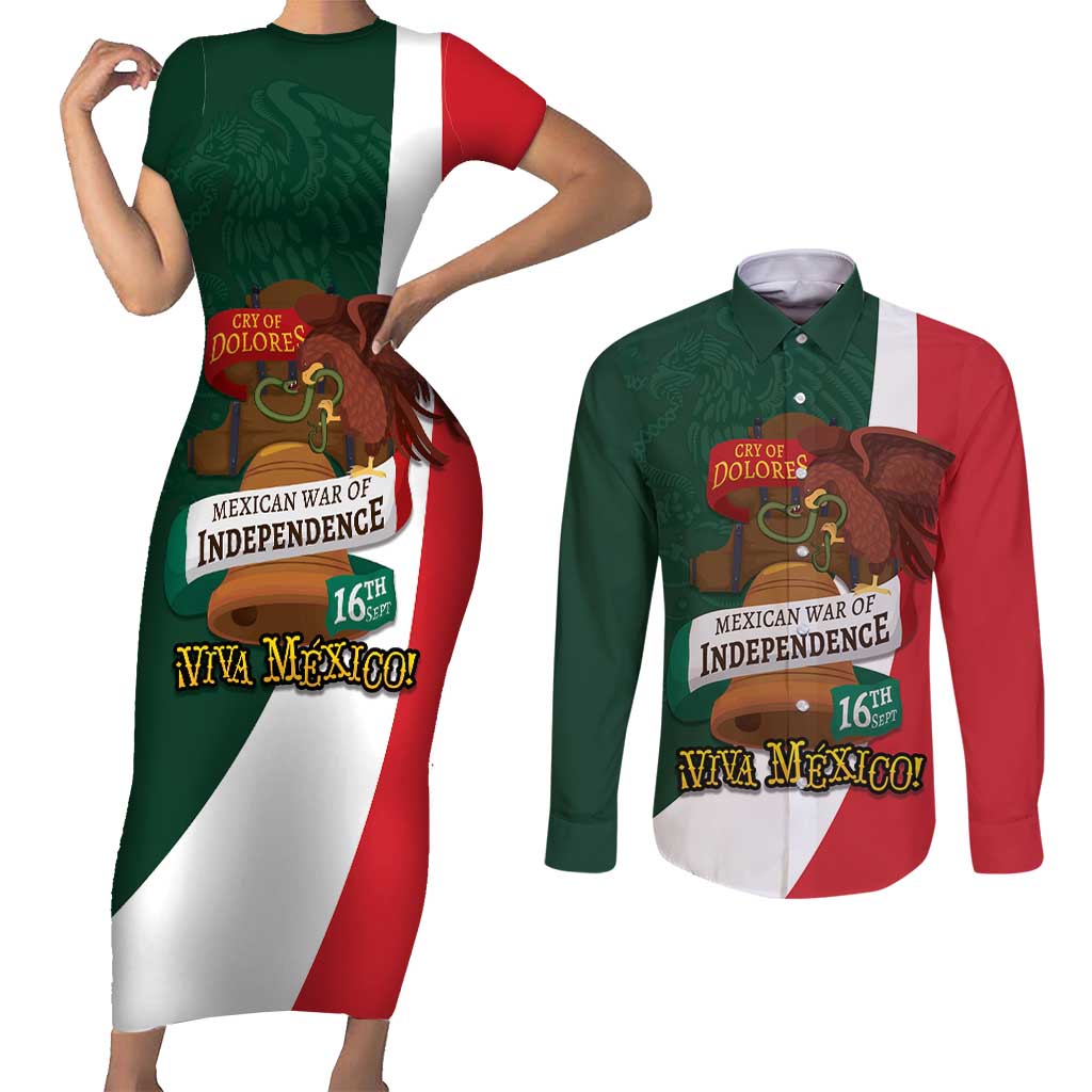 iViva Mexico Hidalgos Bell Personalized Couples Matching Short Sleeve Bodycon Dress and Long Sleeve Button Shirt Mexican Independence Day Fiesta - Wonder Print Shop