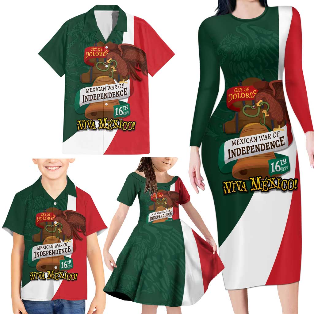 iViva Mexico Hidalgos Bell Personalized Family Matching Long Sleeve Bodycon Dress and Hawaiian Shirt Mexican Independence Day Fiesta - Wonder Print Shop