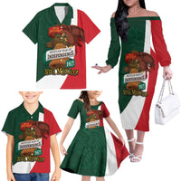 iViva Mexico Hidalgos Bell Personalized Family Matching Off The Shoulder Long Sleeve Dress and Hawaiian Shirt Mexican Independence Day Fiesta - Wonder Print Shop