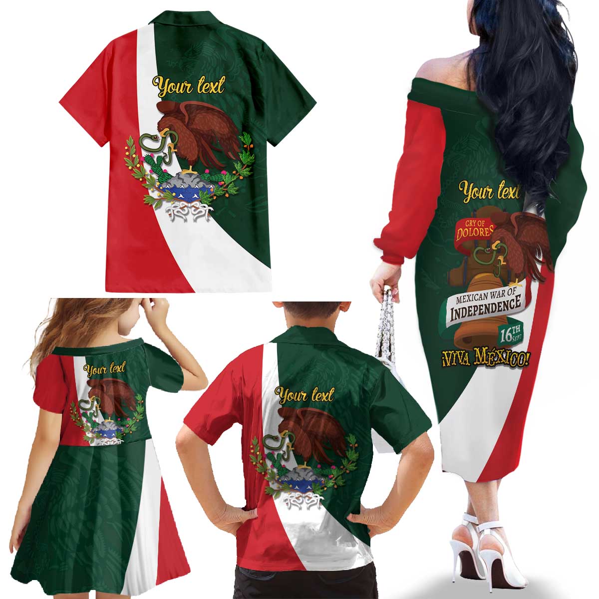 iViva Mexico Hidalgos Bell Personalized Family Matching Off The Shoulder Long Sleeve Dress and Hawaiian Shirt Mexican Independence Day Fiesta - Wonder Print Shop