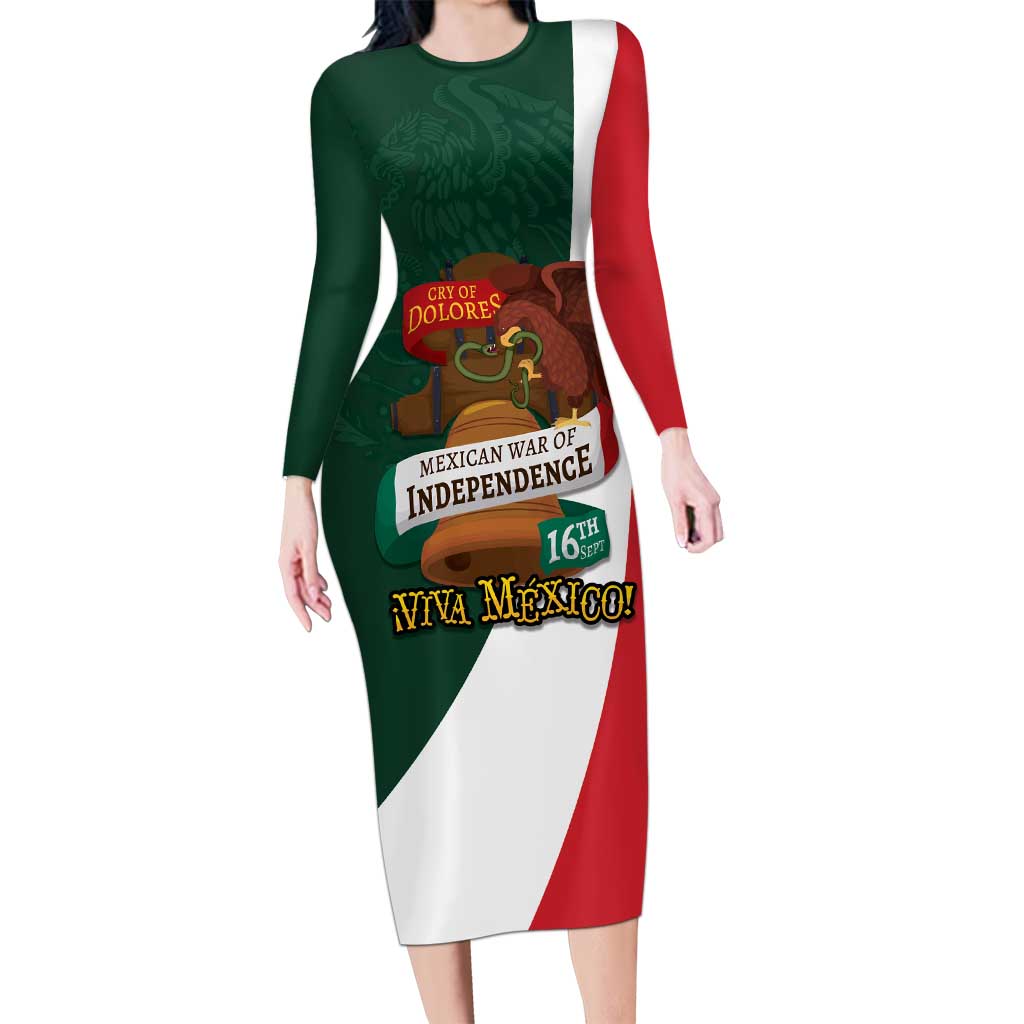 iViva Mexico Hidalgos Bell Personalized Long Sleeve Bodycon Dress Mexican Independence Day Fiesta - Wonder Print Shop