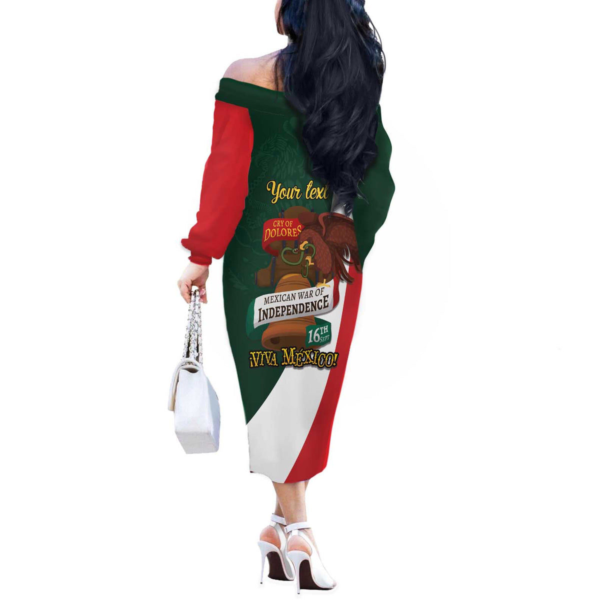 iViva Mexico Hidalgos Bell Personalized Off The Shoulder Long Sleeve Dress Mexican Independence Day Fiesta - Wonder Print Shop