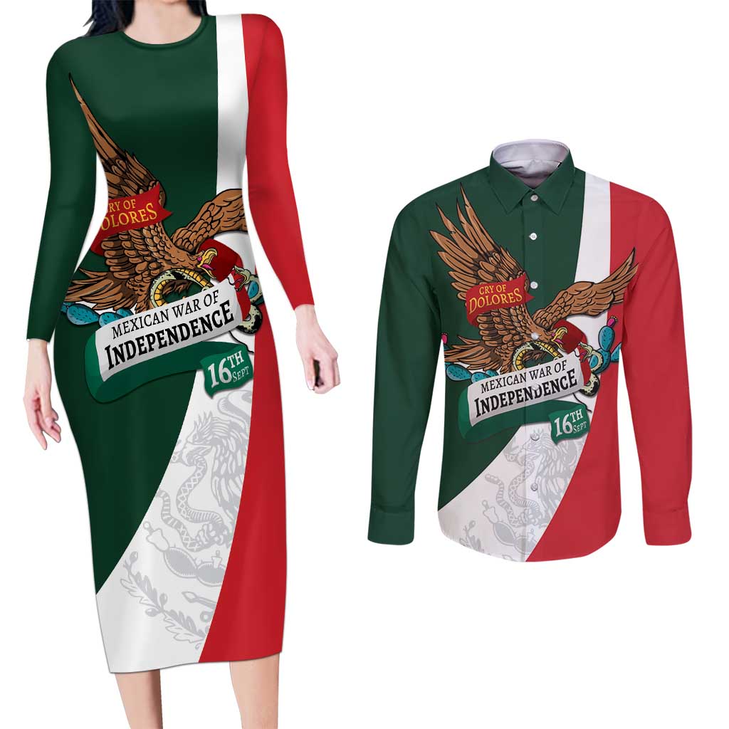 iViva Mexico Eagle Personalized Couples Matching Long Sleeve Bodycon Dress and Long Sleeve Button Shirt Mexican Independence Day Fiesta - Wonder Print Shop