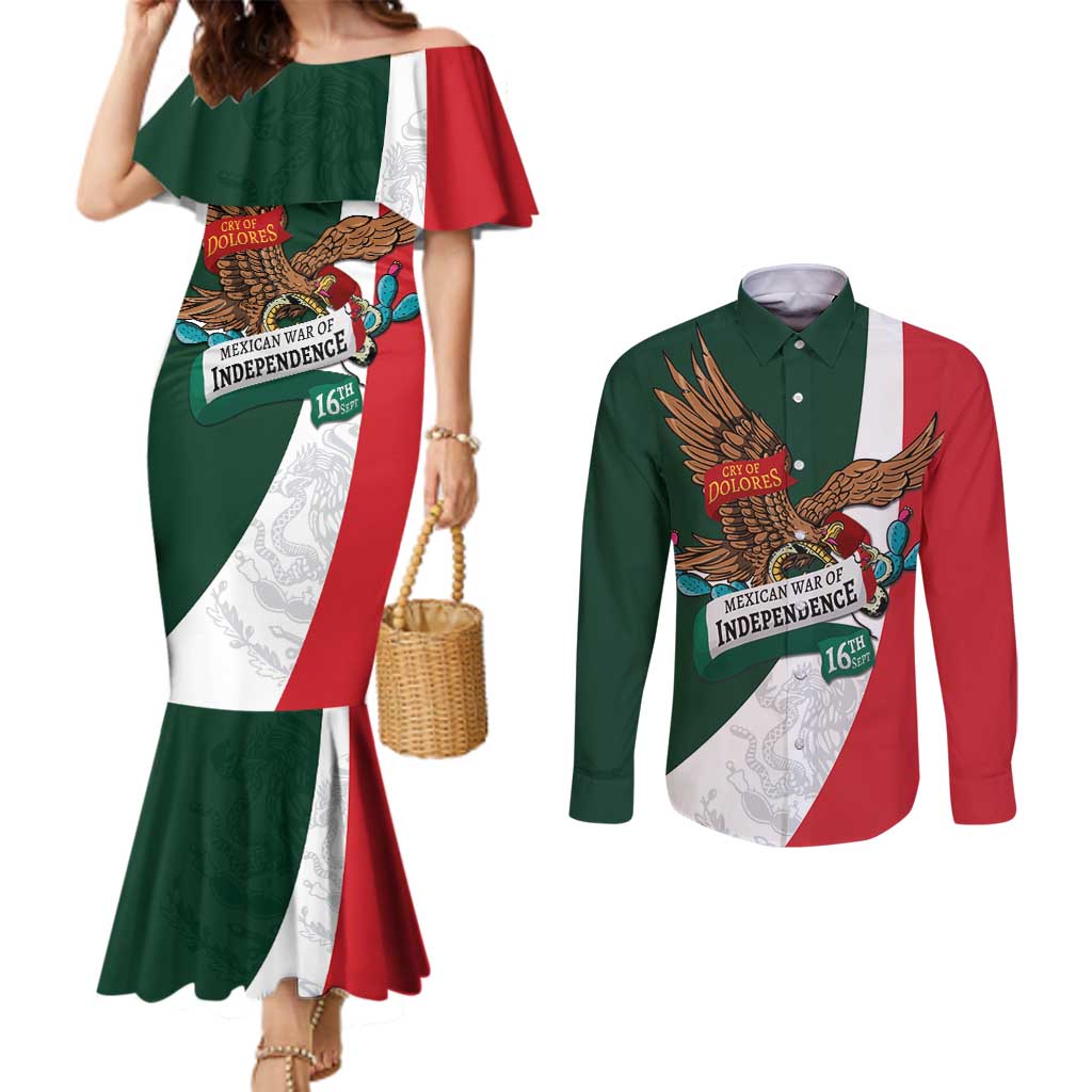 iViva Mexico Eagle Personalized Couples Matching Mermaid Dress and Long Sleeve Button Shirt Mexican Independence Day Fiesta - Wonder Print Shop
