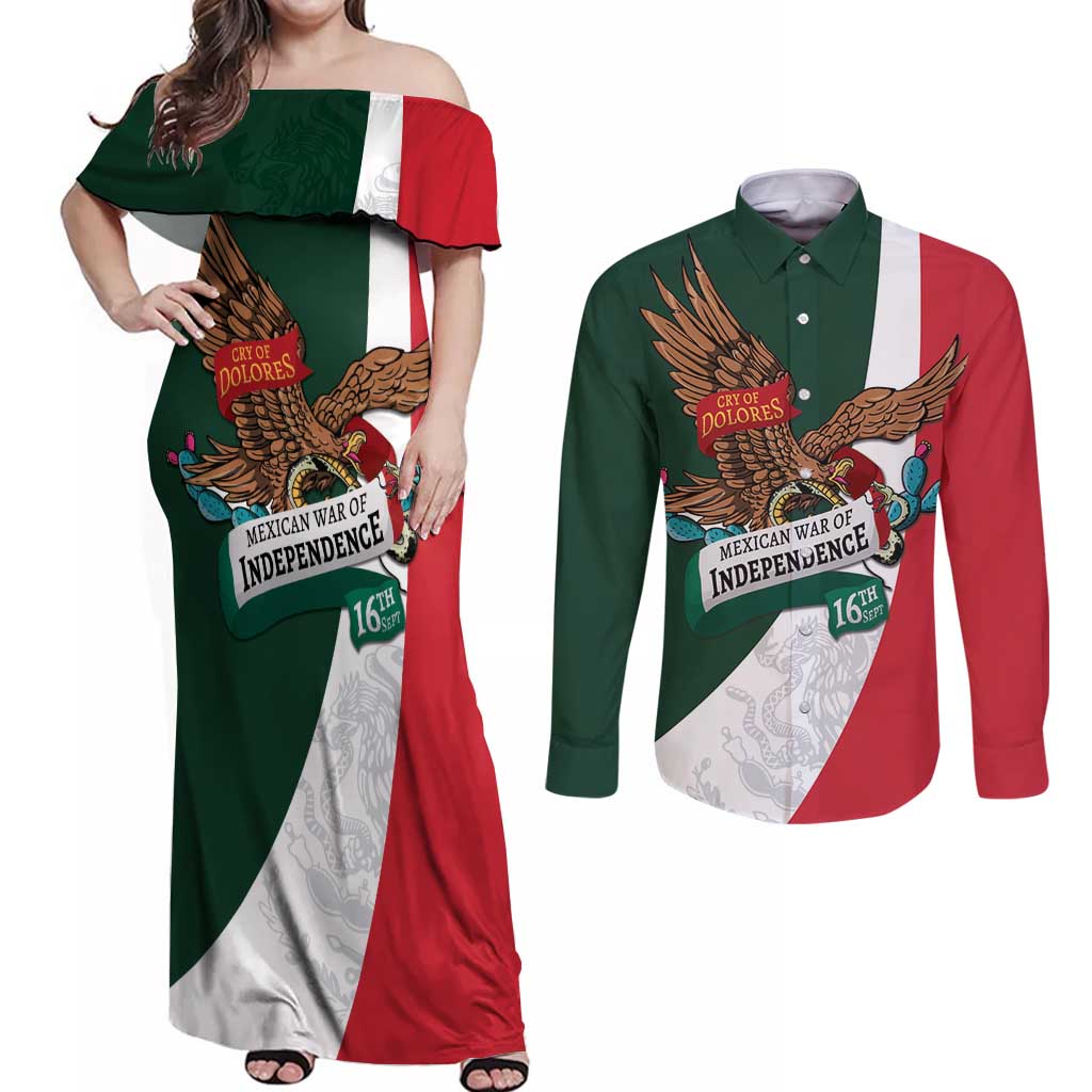 iViva Mexico Eagle Personalized Couples Matching Off Shoulder Maxi Dress and Long Sleeve Button Shirt Mexican Independence Day Fiesta - Wonder Print Shop