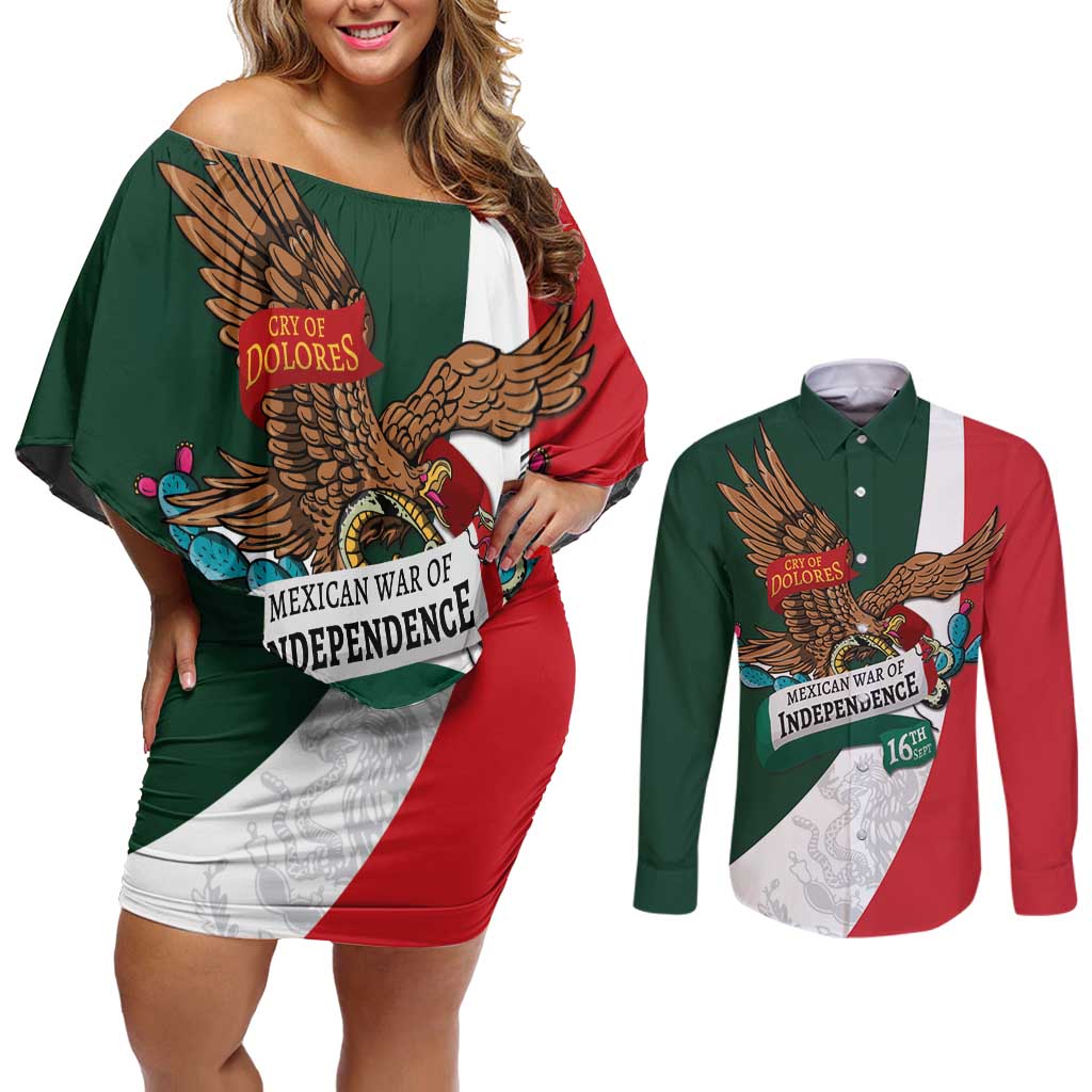 iViva Mexico Eagle Personalized Couples Matching Off Shoulder Short Dress and Long Sleeve Button Shirt Mexican Independence Day Fiesta - Wonder Print Shop