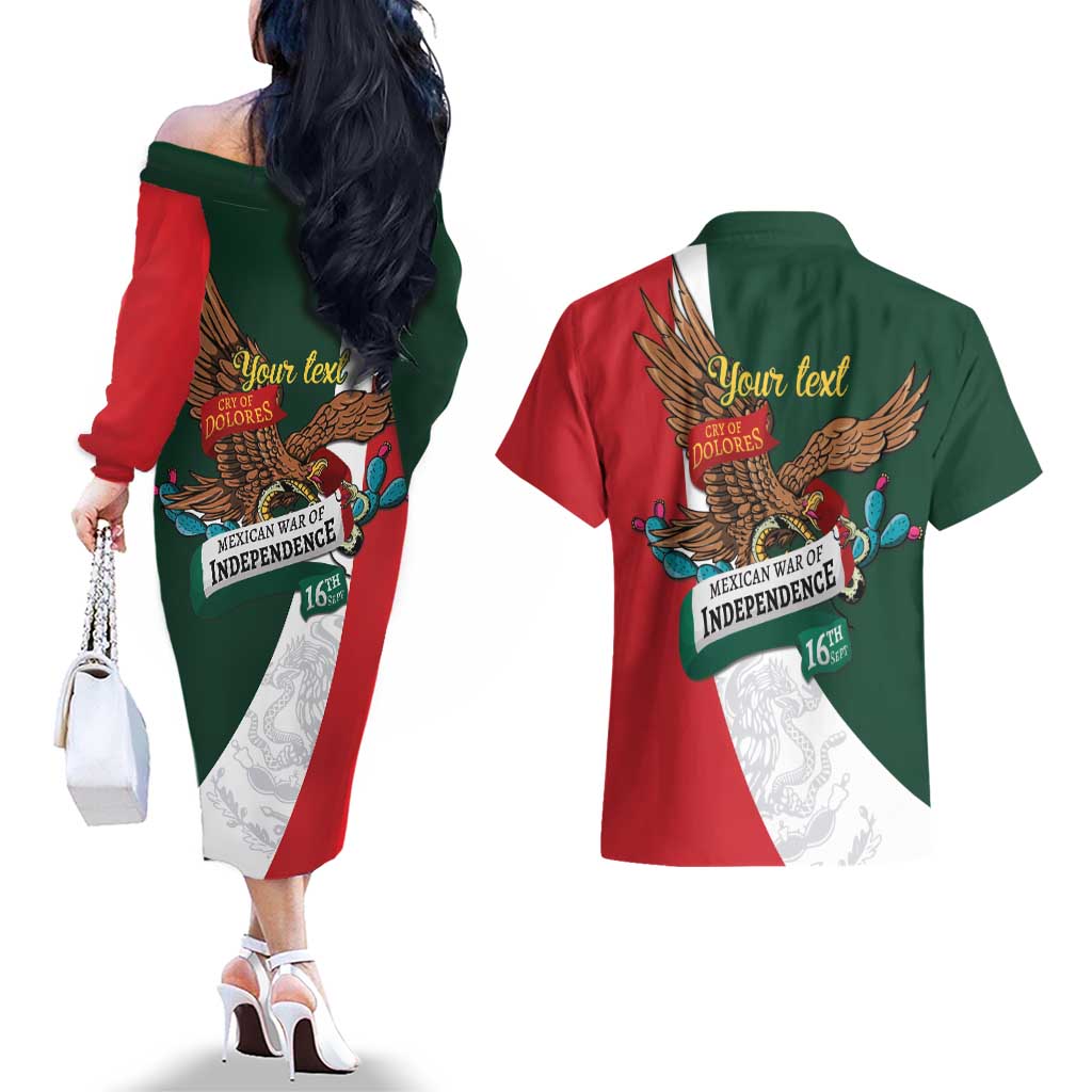 iViva Mexico Eagle Personalized Couples Matching Off The Shoulder Long Sleeve Dress and Hawaiian Shirt Mexican Independence Day Fiesta - Wonder Print Shop