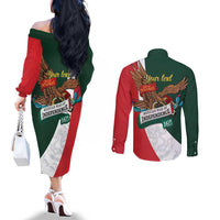 iViva Mexico Eagle Personalized Couples Matching Off The Shoulder Long Sleeve Dress and Long Sleeve Button Shirt Mexican Independence Day Fiesta - Wonder Print Shop