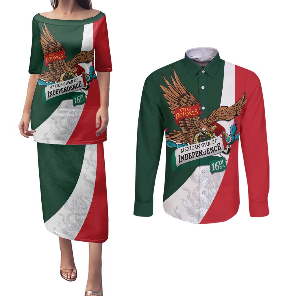 iViva Mexico Eagle Personalized Couples Matching Puletasi and Long Sleeve Button Shirt Mexican Independence Day Fiesta - Wonder Print Shop