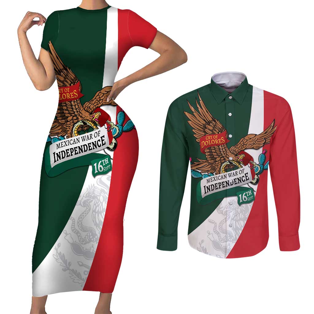 iViva Mexico Eagle Personalized Couples Matching Short Sleeve Bodycon Dress and Long Sleeve Button Shirt Mexican Independence Day Fiesta - Wonder Print Shop
