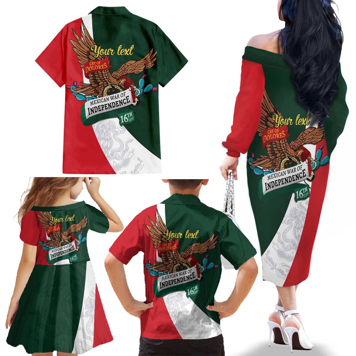 iViva Mexico Eagle Personalized Family Matching Off The Shoulder Long Sleeve Dress and Hawaiian Shirt Mexican Independence Day Fiesta - Wonder Print Shop