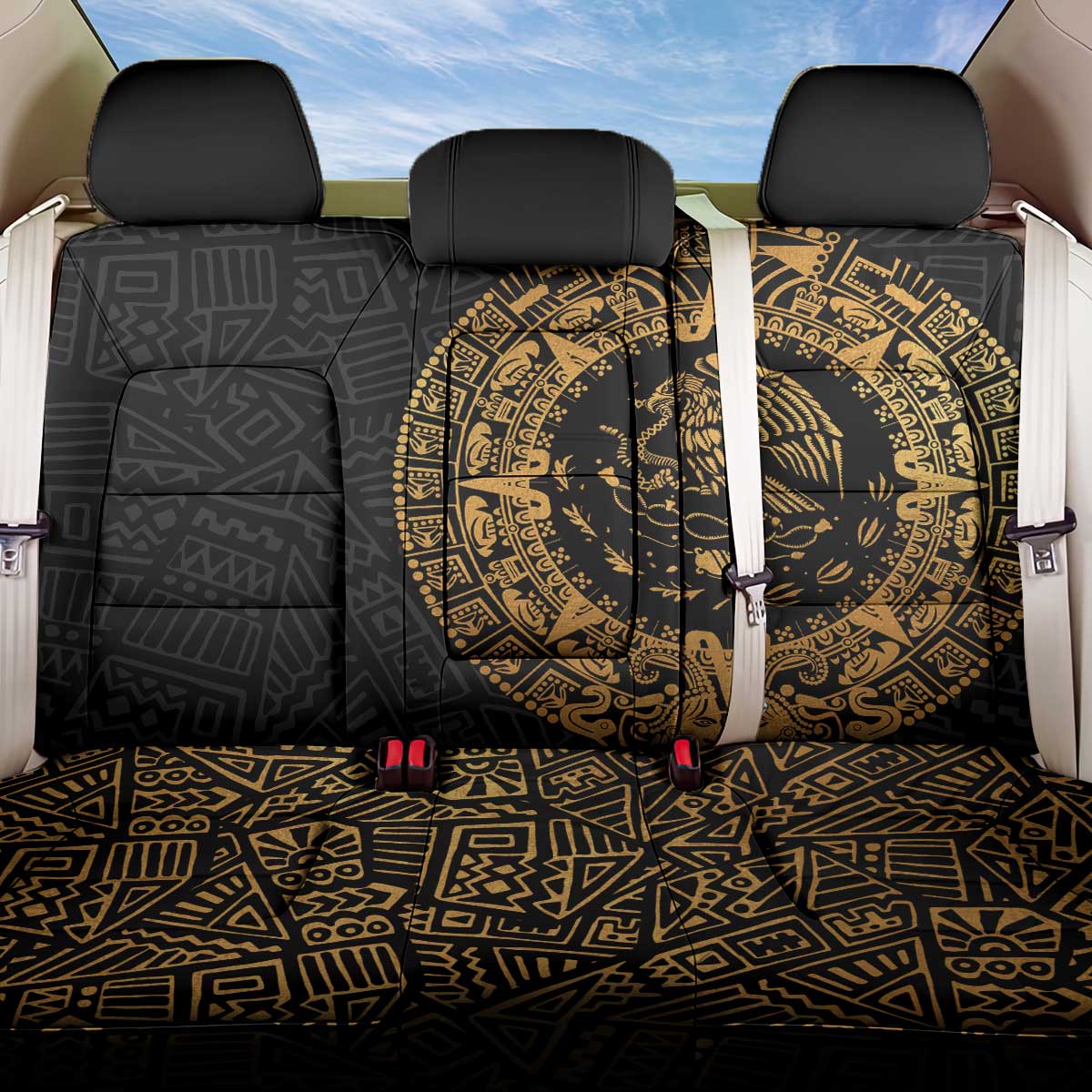 Mexican Aztec Back Car Seat Cover Golden Coat of Arm - Wonder Print Shop