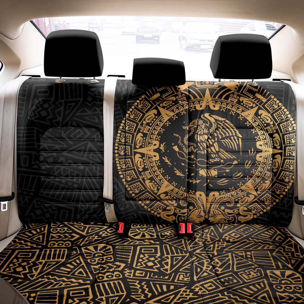 Mexican Aztec Back Car Seat Cover Golden Coat of Arm - Wonder Print Shop