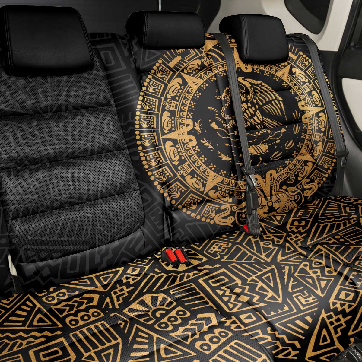 Mexican Aztec Back Car Seat Cover Golden Coat of Arm - Wonder Print Shop