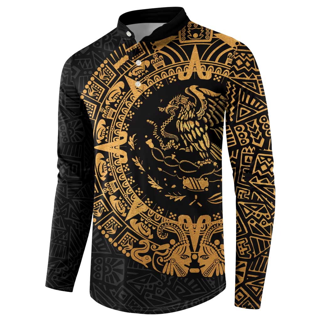 Mexican Aztec Button Sweatshirt Golden Coat of Arm - Wonder Print Shop