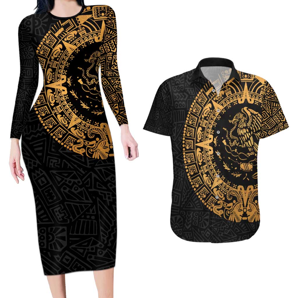 Mexican Aztec Couples Matching Long Sleeve Bodycon Dress and Hawaiian Shirt Golden Coat of Arm - Wonder Print Shop