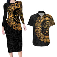 Mexican Aztec Couples Matching Long Sleeve Bodycon Dress and Hawaiian Shirt Golden Coat of Arm - Wonder Print Shop