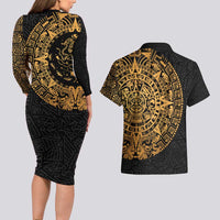 Mexican Aztec Couples Matching Long Sleeve Bodycon Dress and Hawaiian Shirt Golden Coat of Arm - Wonder Print Shop