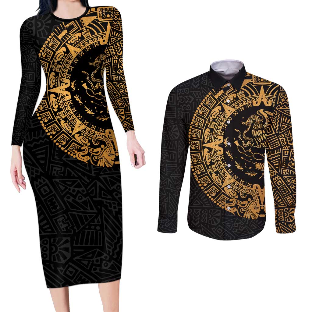 Mexican Aztec Couples Matching Long Sleeve Bodycon Dress and Long Sleeve Button Shirt Golden Coat of Arm - Wonder Print Shop