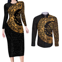 Mexican Aztec Couples Matching Long Sleeve Bodycon Dress and Long Sleeve Button Shirt Golden Coat of Arm - Wonder Print Shop