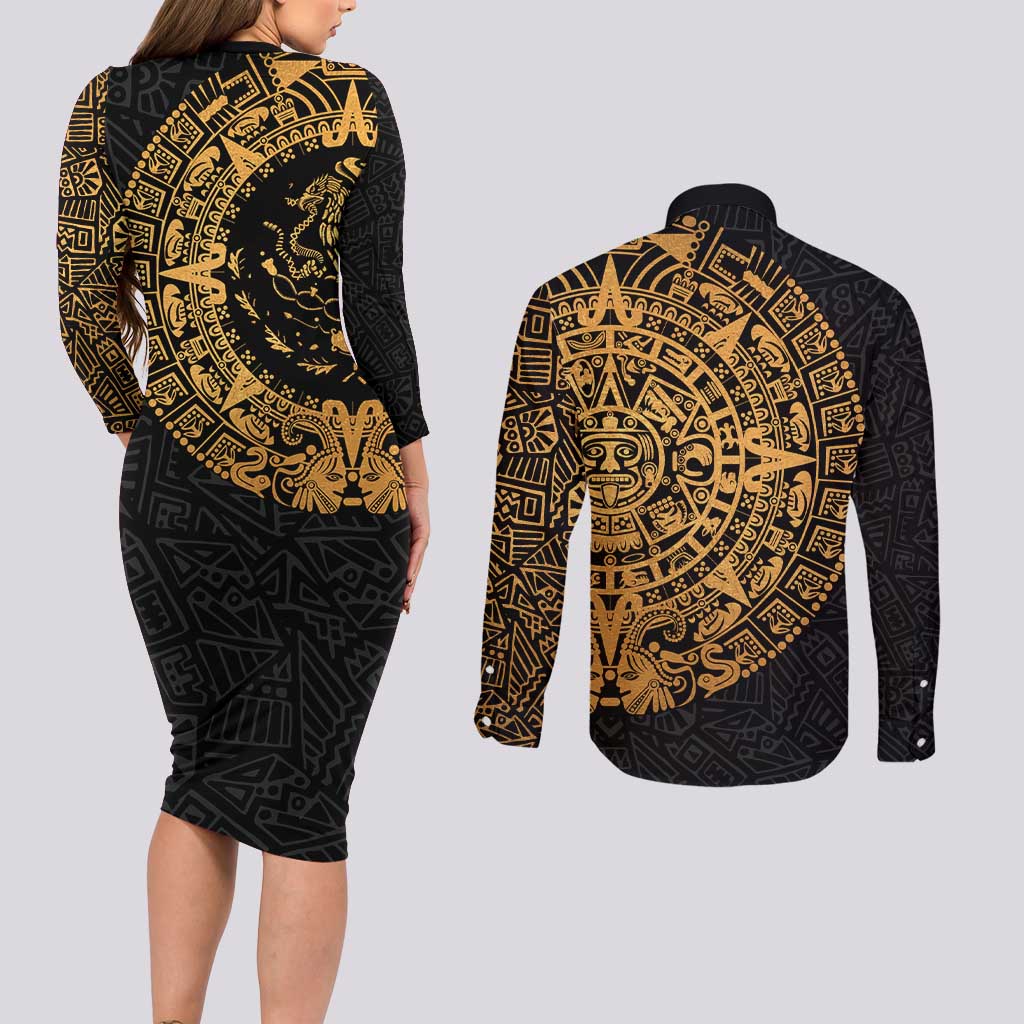 Mexican Aztec Couples Matching Long Sleeve Bodycon Dress and Long Sleeve Button Shirt Golden Coat of Arm - Wonder Print Shop