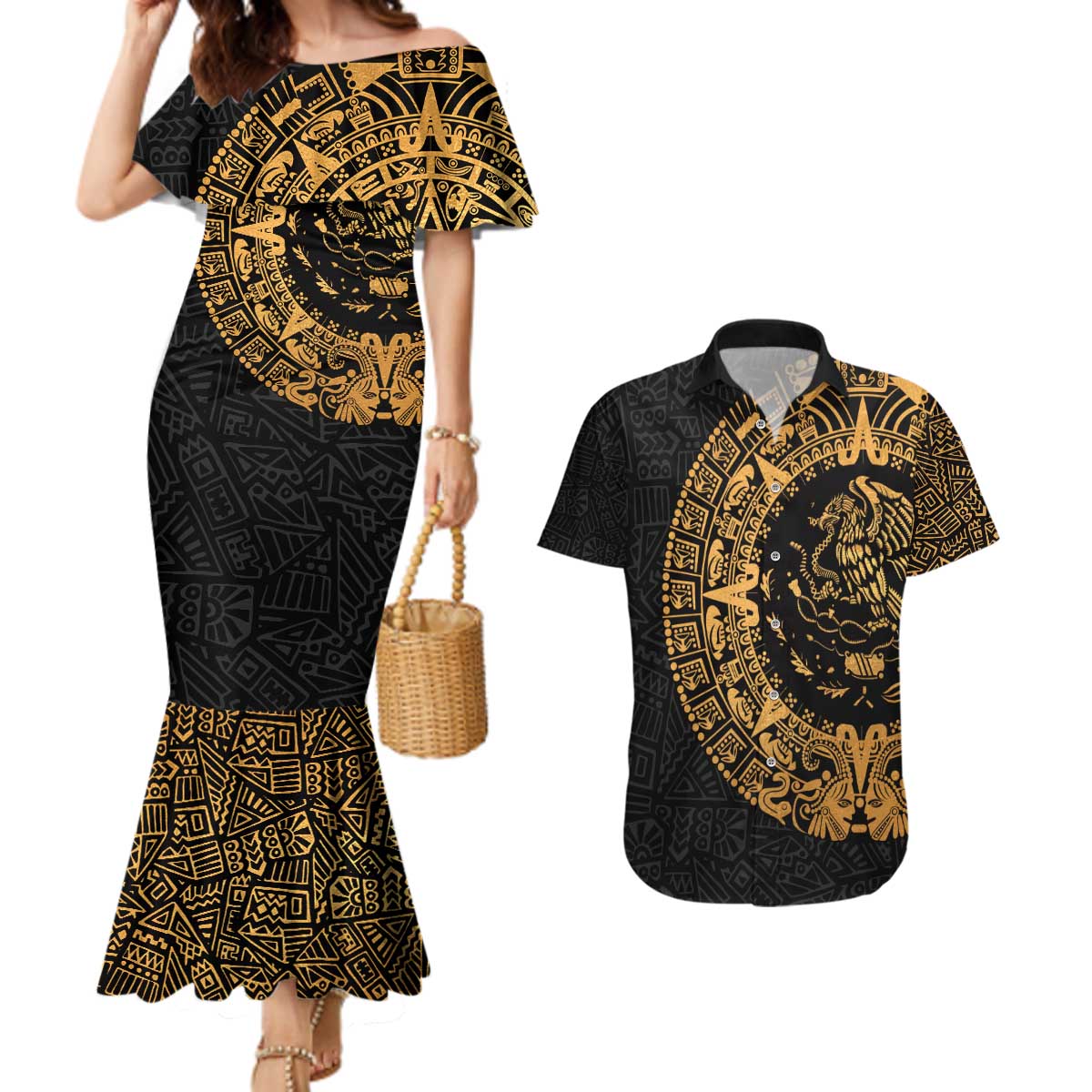 Mexican Aztec Couples Matching Mermaid Dress and Hawaiian Shirt Golden Coat of Arm - Wonder Print Shop
