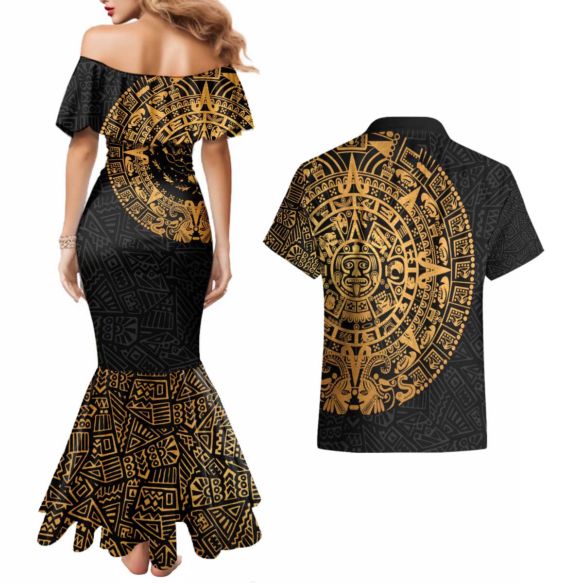 Mexican Aztec Couples Matching Mermaid Dress and Hawaiian Shirt Golden Coat of Arm - Wonder Print Shop