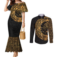 Mexican Aztec Couples Matching Mermaid Dress and Long Sleeve Button Shirt Golden Coat of Arm - Wonder Print Shop