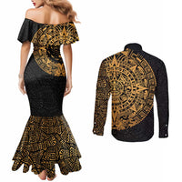 Mexican Aztec Couples Matching Mermaid Dress and Long Sleeve Button Shirt Golden Coat of Arm - Wonder Print Shop