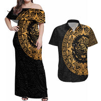 Mexican Aztec Couples Matching Off Shoulder Maxi Dress and Hawaiian Shirt Golden Coat of Arm - Wonder Print Shop