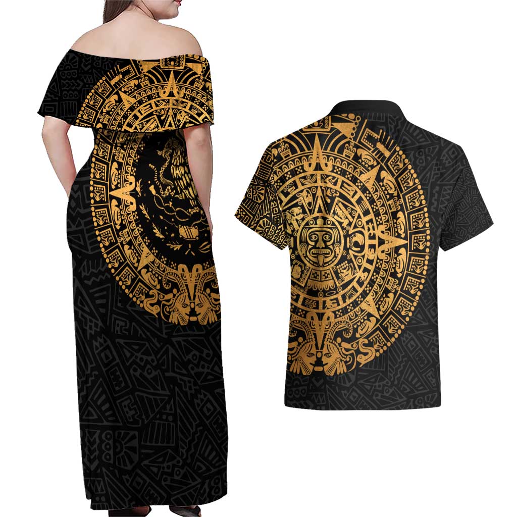 Mexican Aztec Couples Matching Off Shoulder Maxi Dress and Hawaiian Shirt Golden Coat of Arm - Wonder Print Shop
