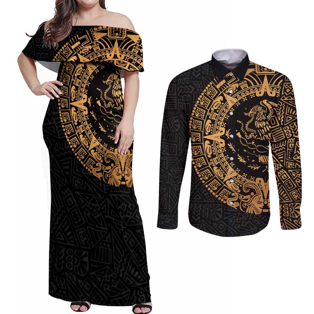 Mexican Aztec Couples Matching Off Shoulder Maxi Dress and Long Sleeve Button Shirt Golden Coat of Arm - Wonder Print Shop
