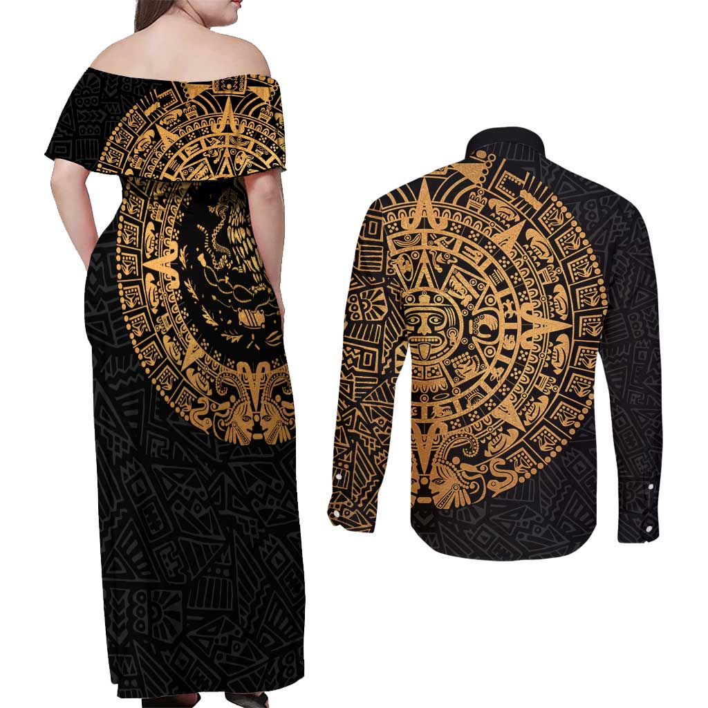Mexican Aztec Couples Matching Off Shoulder Maxi Dress and Long Sleeve Button Shirt Golden Coat of Arm - Wonder Print Shop