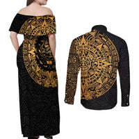 Mexican Aztec Couples Matching Off Shoulder Maxi Dress and Long Sleeve Button Shirt Golden Coat of Arm - Wonder Print Shop