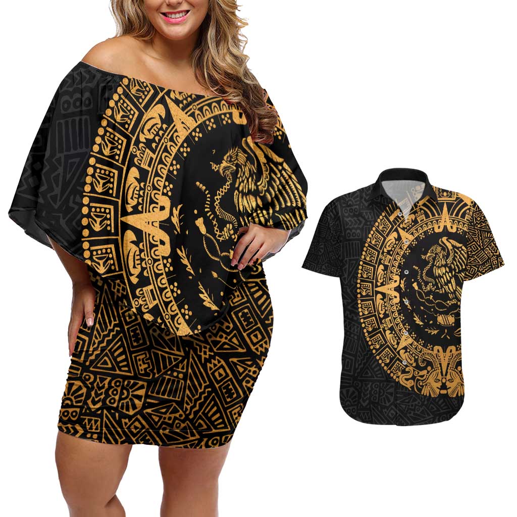 Mexican Aztec Couples Matching Off Shoulder Short Dress and Hawaiian Shirt Golden Coat of Arm - Wonder Print Shop