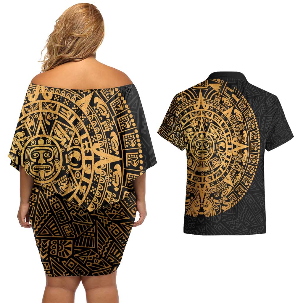 Mexican Aztec Couples Matching Off Shoulder Short Dress and Hawaiian Shirt Golden Coat of Arm - Wonder Print Shop