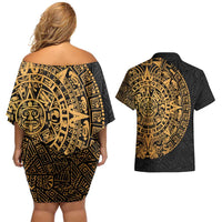 Mexican Aztec Couples Matching Off Shoulder Short Dress and Hawaiian Shirt Golden Coat of Arm - Wonder Print Shop