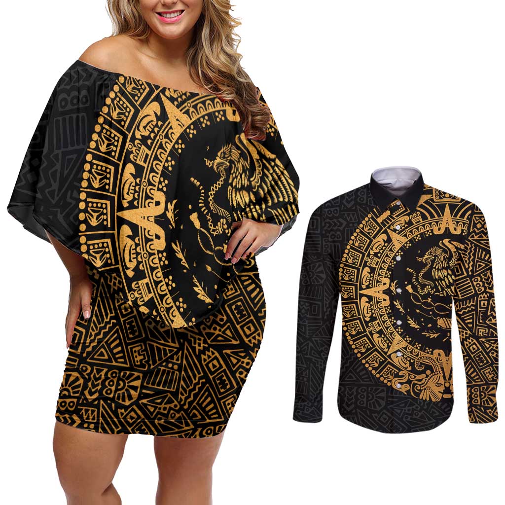Mexican Aztec Couples Matching Off Shoulder Short Dress and Long Sleeve Button Shirt Golden Coat of Arm - Wonder Print Shop