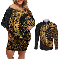 Mexican Aztec Couples Matching Off Shoulder Short Dress and Long Sleeve Button Shirt Golden Coat of Arm - Wonder Print Shop