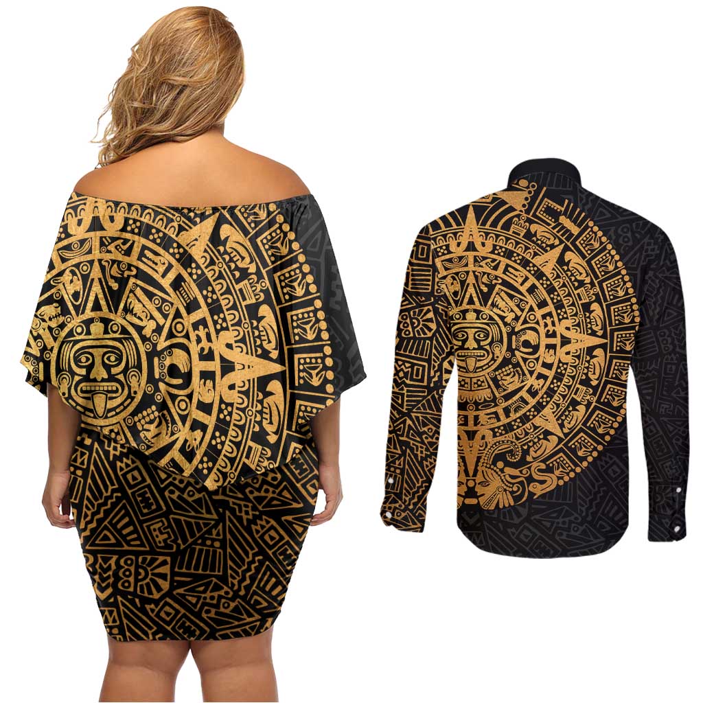 Mexican Aztec Couples Matching Off Shoulder Short Dress and Long Sleeve Button Shirt Golden Coat of Arm - Wonder Print Shop