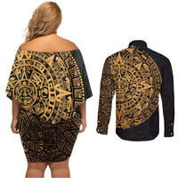 Mexican Aztec Couples Matching Off Shoulder Short Dress and Long Sleeve Button Shirt Golden Coat of Arm - Wonder Print Shop