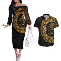 Mexican Aztec Couples Matching Off The Shoulder Long Sleeve Dress and Hawaiian Shirt Golden Coat of Arm - Wonder Print Shop