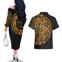 Mexican Aztec Couples Matching Off The Shoulder Long Sleeve Dress and Hawaiian Shirt Golden Coat of Arm - Wonder Print Shop