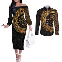 Mexican Aztec Couples Matching Off The Shoulder Long Sleeve Dress and Long Sleeve Button Shirt Golden Coat of Arm - Wonder Print Shop