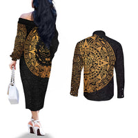 Mexican Aztec Couples Matching Off The Shoulder Long Sleeve Dress and Long Sleeve Button Shirt Golden Coat of Arm - Wonder Print Shop