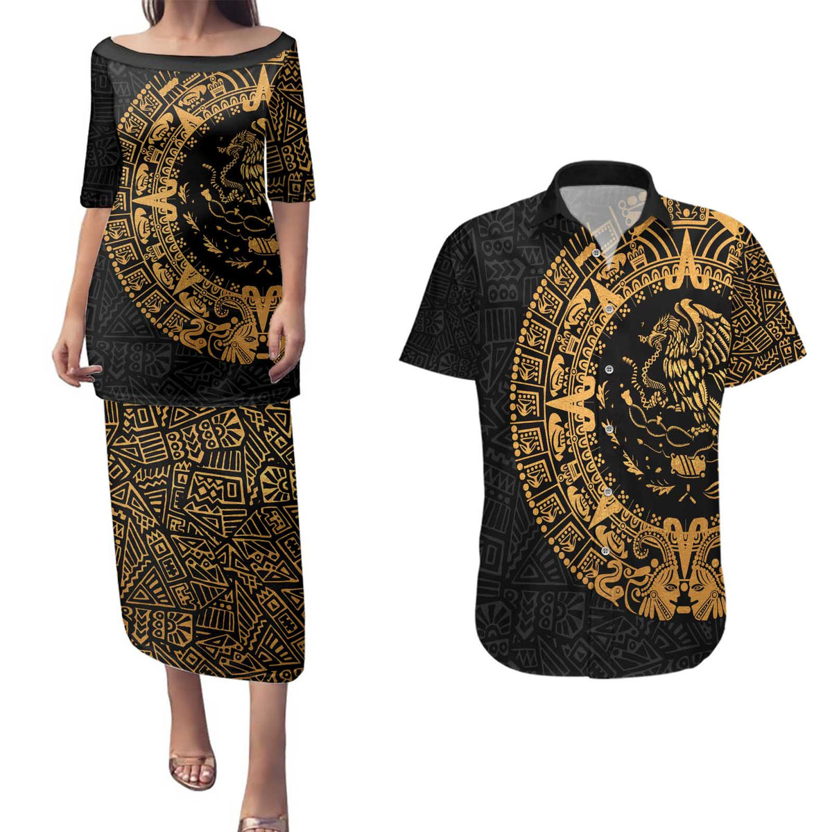 Mexican Aztec Couples Matching Puletasi and Hawaiian Shirt Golden Coat of Arm - Wonder Print Shop